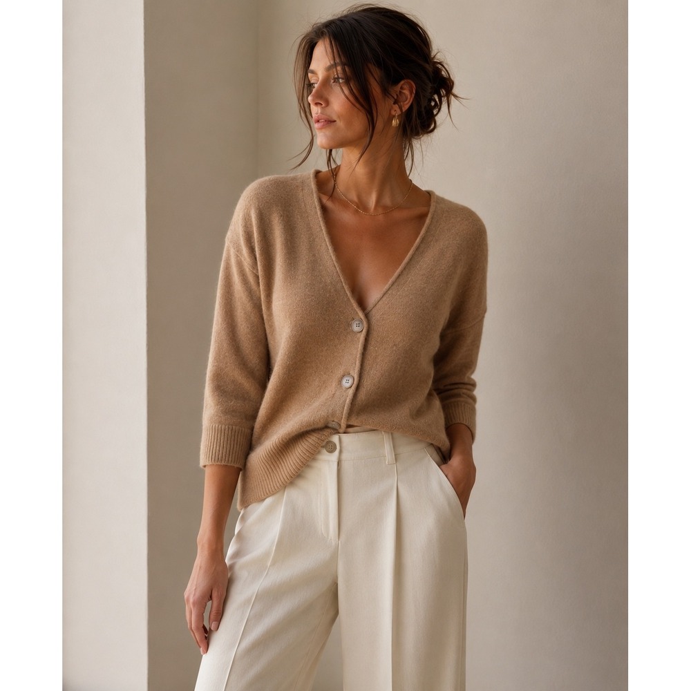 Aritzia Camel Tan V-Neck Button Cardigan